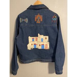 Vintage Bonjour Jacket Womens XL Blue Denim Southwest Hand Painted Aztec 90s
